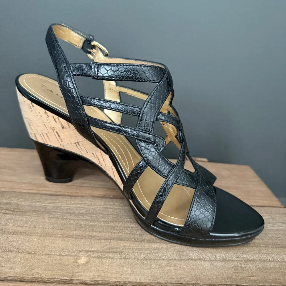 Tahari Petunia Black Snake Embossed Leather Cork Wedge Sandals Women 8.5 Strappy